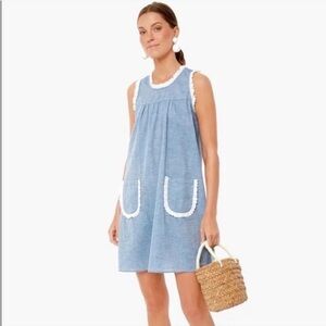Tuckernuck 100% Cotton Lotte Chambray Lace Trim Shift Mini Dress